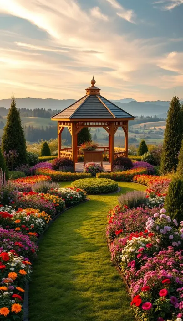 A meticulously designed garden plan, featuring a lush, vibrant centerpiece surrounded by a harmonious arrangement of plants and flowers. The focal point is a striking gazebo, bathed in warm, golden lighting that creates a serene and inviting atmosphere. In the foreground, a winding path leads the eye through a carefully curated selection of blooming perennials, their colors complementing each other in a visually striking display. The middle ground showcases a variety of ornamental shrubs and evergreen trees, providing depth and structure to the scene. In the background, a backdrop of rolling hills and a picturesque sky with wispy clouds adds to the sense of peaceful tranquility. The overall composition evokes a relaxing, rejuvenating outdoor oasis, ready to be transformed into a personal haven of calm and serenity. A meticulously designed garden plan, featuring a lush, vibrant centerpiece surrounded by a harmonious arrangement of plants and flowers. The focal point is a striking gazebo, bathed in warm, golden lighting that creates a serene and inviting atmosphere. In the foreground, a winding path leads the eye through a carefully curated selection of blooming perennials, their colors complementing each other in a visually striking display. The middle ground showcases a variety of ornamental shrubs and evergreen trees, providing depth and structure to the scene. In the background, a backdrop of rolling hills and a picturesque sky with wispy clouds adds to the sense of peaceful tranquility. The overall composition evokes a relaxing, rejuvenating outdoor oasis, ready to be transformed into a personal haven of calm and serenity.