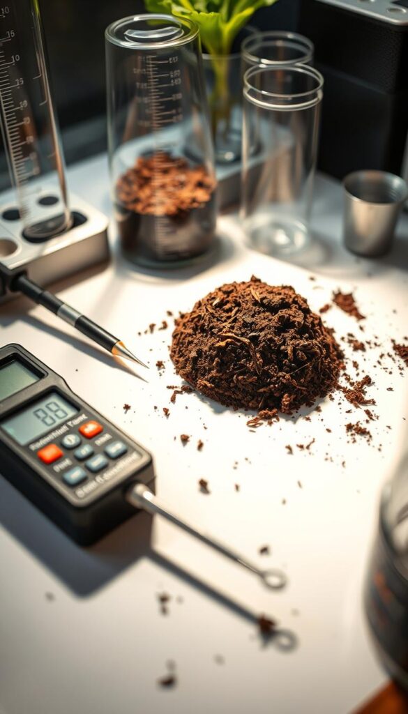 A meticulously detailed close-up of a soil sample being analyzed in a professional laboratory setting. The sample is placed on a clean, white surface, surrounded by various testing equipment like soil pH meter, soil moisture probe, and graduated cylinders. Soft, directional lighting illuminates the scene, casting subtle shadows and highlighting the intricate textures of the soil. The overall mood is one of scientific inquiry and precision, conveying the importance of thorough soil testing before vegetable gardening.