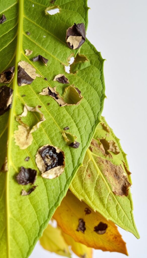 A meticulously detailed close-up of damaged leaves, showcasing various types of leaf damage such as holes, discoloration, and signs of pest infestation. The leaves are illuminated by soft, natural lighting, capturing the intricate textures and patterns with high resolution. The image is captured from an eye-level perspective, allowing the viewer to examine the leaves as if they were holding them in their own hands. The leaves are positioned against a clean, uncluttered background, ensuring the focus remains on the subject matter. The overall mood is one of scientific observation and curiosity, inviting the viewer to closely inspect the damaged foliage and identify the potential culprits. A meticulously detailed close-up of damaged leaves, showcasing various types of leaf damage such as holes, discoloration, and signs of pest infestation. The leaves are illuminated by soft, natural lighting, capturing the intricate textures and patterns with high resolution. The image is captured from an eye-level perspective, allowing the viewer to examine the leaves as if they were holding them in their own hands. The leaves are positioned against a clean, uncluttered background, ensuring the focus remains on the subject matter. The overall mood is one of scientific observation and curiosity, inviting the viewer to closely inspect the damaged foliage and identify the potential culprits.