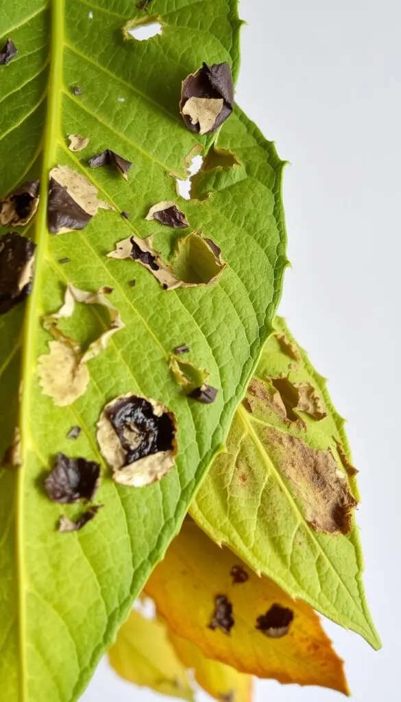 A meticulously detailed close-up of damaged leaves, showcasing various types of leaf damage such as holes, discoloration, and signs of pest infestation. The leaves are illuminated by soft, natural lighting, capturing the intricate textures and patterns with high resolution. The image is captured from an eye-level perspective, allowing the viewer to examine the leaves as if they were holding them in their own hands. The leaves are positioned against a clean, uncluttered background, ensuring the focus remains on the subject matter. The overall mood is one of scientific observation and curiosity, inviting the viewer to closely inspect the damaged foliage and identify the potential culprits. A meticulously detailed close-up of damaged leaves, showcasing various types of leaf damage such as holes, discoloration, and signs of pest infestation. The leaves are illuminated by soft, natural lighting, capturing the intricate textures and patterns with high resolution. The image is captured from an eye-level perspective, allowing the viewer to examine the leaves as if they were holding them in their own hands. The leaves are positioned against a clean, uncluttered background, ensuring the focus remains on the subject matter. The overall mood is one of scientific observation and curiosity, inviting the viewer to closely inspect the damaged foliage and identify the potential culprits.
