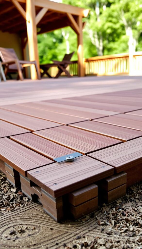 A meticulously detailed installation deck system, featuring a sturdy wooden foundation with precisely arranged planks. The mid-ground showcases the intricate interlocking mechanism, highlighting the seamless integration of individual boards. In the background, a well-lit outdoor setting provides a natural, inviting ambiance, with the deck blending harmoniously with the surrounding landscape. The image captures the technical precision and practical functionality of this essential outdoor flooring solution, conveying a sense of durability and craftsmanship.