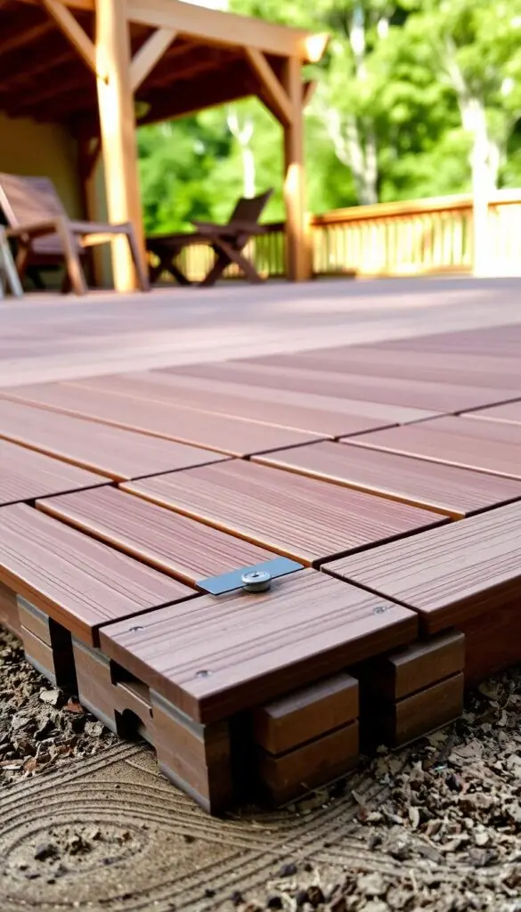 A meticulously detailed installation deck system, featuring a sturdy wooden foundation with precisely arranged planks. The mid-ground showcases the intricate interlocking mechanism, highlighting the seamless integration of individual boards. In the background, a well-lit outdoor setting provides a natural, inviting ambiance, with the deck blending harmoniously with the surrounding landscape. The image captures the technical precision and practical functionality of this essential outdoor flooring solution, conveying a sense of durability and craftsmanship.