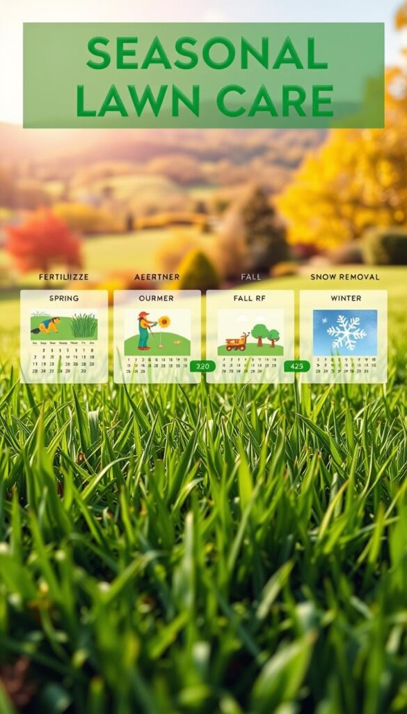 A meticulously detailed seasonal lawn care calendar set against a warm, naturalistic backdrop. In the foreground, a lush, verdant lawn with swaying blades of grass, evenly manicured and free of weeds. In the middle ground, a set of seasonal lawn care tasks are depicted through small vignettes - fertilizing in spring, aerating in summer, overseeding in fall, and snow removal in winter. The background features a softly blurred scenic landscape, with rolling hills, vibrant trees, and a bright, sun-dappled sky. The lighting is soft and natural, creating a serene, inviting atmosphere. Captured with a wide-angle lens to emphasize the comprehensive, calendar-like layout. A meticulously detailed seasonal lawn care calendar set against a warm, naturalistic backdrop. In the foreground, a lush, verdant lawn with swaying blades of grass, evenly manicured and free of weeds. In the middle ground, a set of seasonal lawn care tasks are depicted through small vignettes - fertilizing in spring, aerating in summer, overseeding in fall, and snow removal in winter. The background features a softly blurred scenic landscape, with rolling hills, vibrant trees, and a bright, sun-dappled sky. The lighting is soft and natural, creating a serene, inviting atmosphere. Captured with a wide-angle lens to emphasize the comprehensive, calendar-like layout.