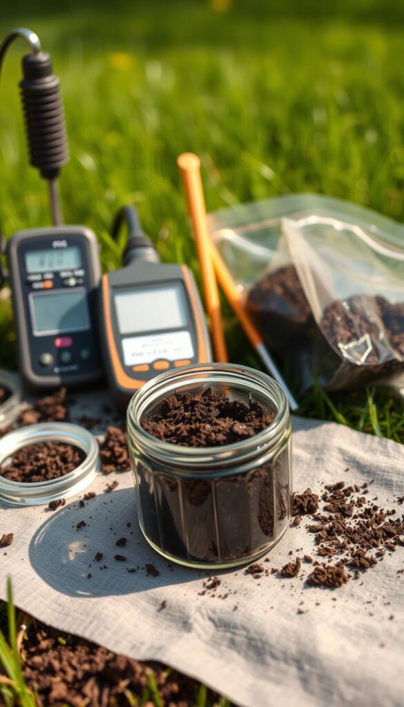 A meticulously detailed soil sample, a scientific study of earth's composition. In the foreground, a small glass jar filled with dark, rich soil, its contents illuminated by warm, natural lighting. In the middle ground, various soil testing tools - a pH meter, soil moisture probe, and sample collection bags. The background showcases a lush, verdant lawn, hinting at the importance of understanding one's soil before nourishing the grass. The scene conveys a sense of careful analysis, the key to ensuring the right fertilizer is applied for optimal lawn health. Captured with a shallow depth of field, the focus drawing the viewer's attention to the essential elements of a soil test.