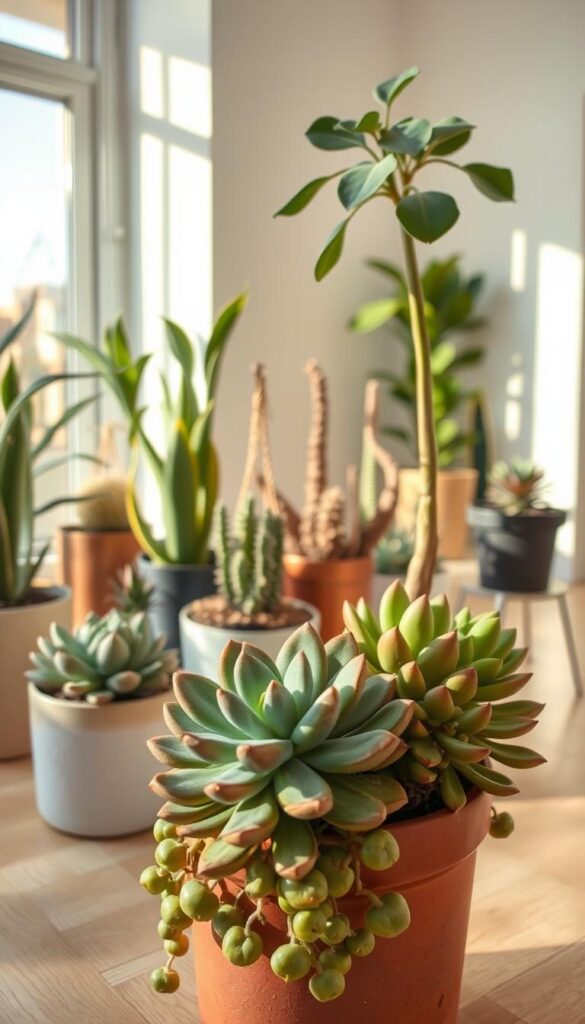 A meticulously lit indoor scene showcasing common mistakes and fixes for caring for thriving indoor succulents. In the foreground, a lush potted succulent is shown, its leaves drooping and discolored, indicating overwatering. Beside it, a healthy succulent with plump, vibrant leaves, demonstrating the fix for this issue. The middle ground features a variety of succulents in various stages of growth, some leggy and etiolated from lack of sunlight, others compact and robust from proper light exposure. In the background, a clean, minimalist interior with warm, natural lighting casts a serene ambiance, emphasizing the beauty of these resilient plants when cared for properly. A meticulously lit indoor scene showcasing common mistakes and fixes for caring for thriving indoor succulents. In the foreground, a lush potted succulent is shown, its leaves drooping and discolored, indicating overwatering. Beside it, a healthy succulent with plump, vibrant leaves, demonstrating the fix for this issue. The middle ground features a variety of succulents in various stages of growth, some leggy and etiolated from lack of sunlight, others compact and robust from proper light exposure. In the background, a clean, minimalist interior with warm, natural lighting casts a serene ambiance, emphasizing the beauty of these resilient plants when cared for properly.