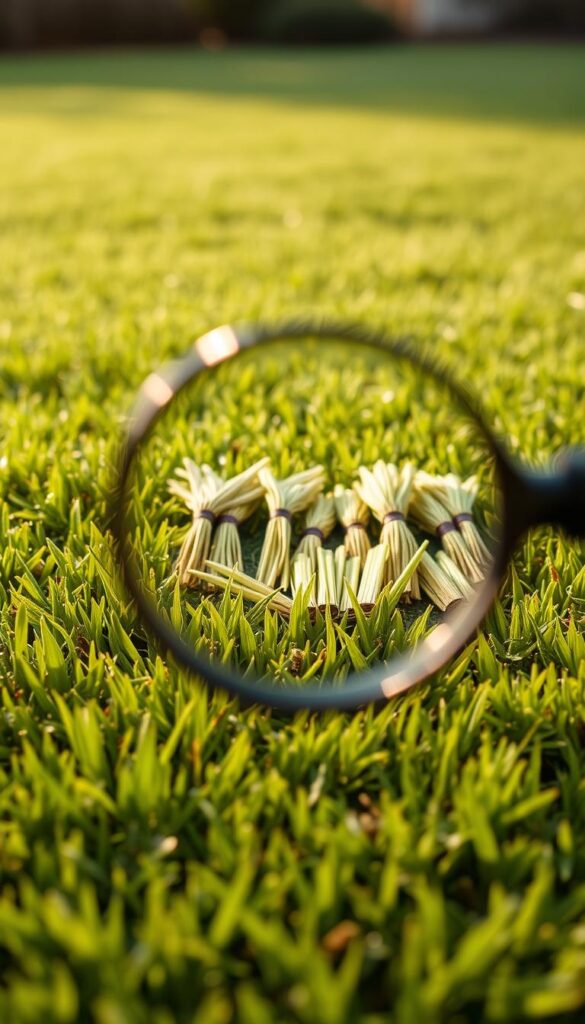 A meticulously manicured lawn, each blade of grass a testament to its species. In the foreground, a magnifying glass hovers, revealing the intricate texture and hue of the turf. In the middle ground, various grass samples are neatly arranged, their distinct characteristics laid bare for examination. The background softly blurs, drawing the viewer's focus to the diagnostic process at hand. Warm, natural lighting bathes the scene, creating a sense of study and discovery. The image exudes a tone of scientific inquiry, inviting the viewer to delve into the nuances of lawn health and maintenance. A meticulously manicured lawn, each blade of grass a testament to its species. In the foreground, a magnifying glass hovers, revealing the intricate texture and hue of the turf. In the middle ground, various grass samples are neatly arranged, their distinct characteristics laid bare for examination. The background softly blurs, drawing the viewer's focus to the diagnostic process at hand. Warm, natural lighting bathes the scene, creating a sense of study and discovery. The image exudes a tone of scientific inquiry, inviting the viewer to delve into the nuances of lawn health and maintenance.