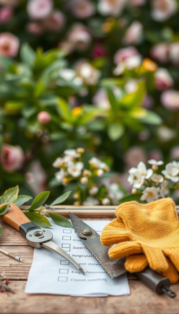 A meticulously organized checklist against a softly blurred floral backdrop, showcasing various pruning tools and materials. The foreground features pruning shears, a hand saw, and a pair of gloves neatly arranged on a wooden surface. The middle ground depicts lush, verdant leaves and delicate flowers, hinting at the vibrant garden setting. The background is gently out of focus, creating a sense of depth and tranquility. Soft, natural lighting illuminates the scene, conveying a sense of care and attention to detail. The overall mood is one of thoughtful preparation, inviting the viewer to embark on a successful pruning journey. A meticulously organized checklist against a softly blurred floral backdrop, showcasing various pruning tools and materials. The foreground features pruning shears, a hand saw, and a pair of gloves neatly arranged on a wooden surface. The middle ground depicts lush, verdant leaves and delicate flowers, hinting at the vibrant garden setting. The background is gently out of focus, creating a sense of depth and tranquility. Soft, natural lighting illuminates the scene, conveying a sense of care and attention to detail. The overall mood is one of thoughtful preparation, inviting the viewer to embark on a successful pruning journey.