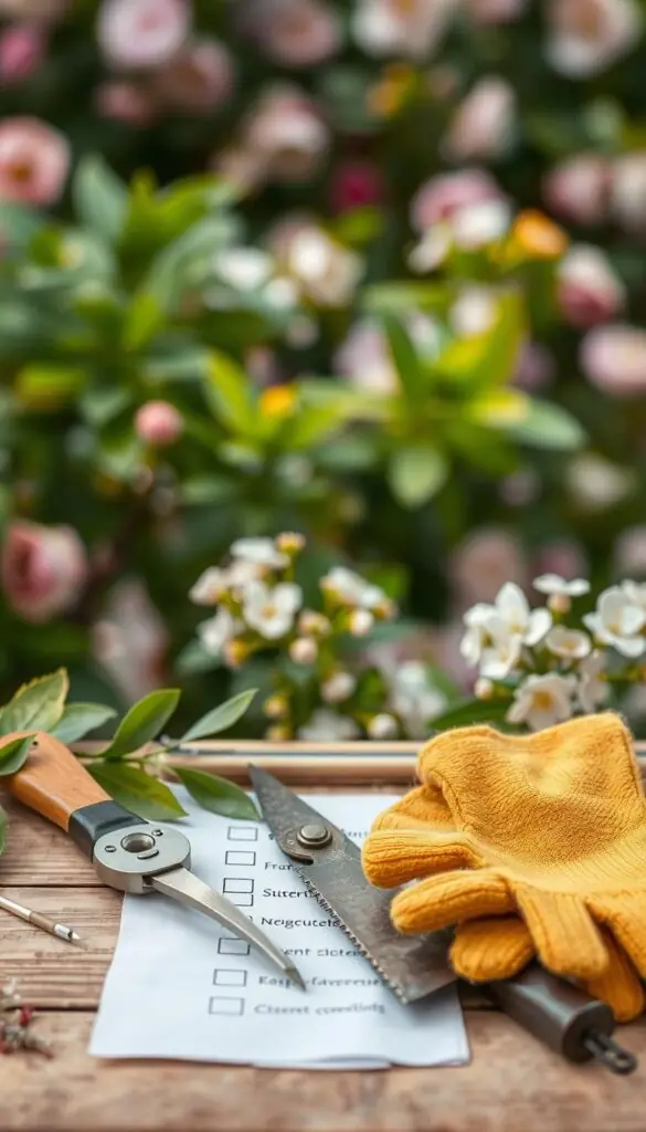 A meticulously organized checklist against a softly blurred floral backdrop, showcasing various pruning tools and materials. The foreground features pruning shears, a hand saw, and a pair of gloves neatly arranged on a wooden surface. The middle ground depicts lush, verdant leaves and delicate flowers, hinting at the vibrant garden setting. The background is gently out of focus, creating a sense of depth and tranquility. Soft, natural lighting illuminates the scene, conveying a sense of care and attention to detail. The overall mood is one of thoughtful preparation, inviting the viewer to embark on a successful pruning journey. A meticulously organized checklist against a softly blurred floral backdrop, showcasing various pruning tools and materials. The foreground features pruning shears, a hand saw, and a pair of gloves neatly arranged on a wooden surface. The middle ground depicts lush, verdant leaves and delicate flowers, hinting at the vibrant garden setting. The background is gently out of focus, creating a sense of depth and tranquility. Soft, natural lighting illuminates the scene, conveying a sense of care and attention to detail. The overall mood is one of thoughtful preparation, inviting the viewer to embark on a successful pruning journey.