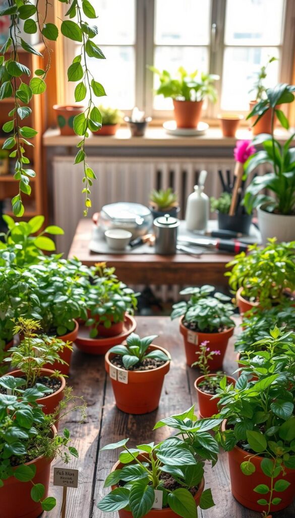 A meticulously organized checklist against a warm, cozy backdrop. In the foreground, an array of lush, verdant houseplants in terracotta pots, each labeled with their care requirements. Delicate leaves and vibrant blooms cascade naturally, casting soft shadows. The middle ground features a rustic wooden table, its surface adorned with various gardening tools and supplies. The background showcases a sun-dappled windowsill, hinting at the gentle winter light that nurtures these indoor companions. The overall scene exudes a sense of calm and mindfulness, perfect for guiding the viewer through the essential steps of winter houseplant care.
