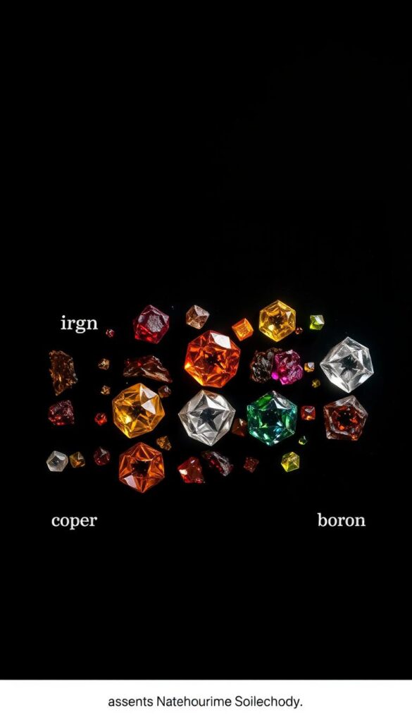 A microscopic close-up view of various essential micronutrients, including iron, zinc, copper, manganese, boron, and molybdenum. Arranged in a neat grid-like pattern against a stark, minimalist black background, the nutrients appear as vibrant, crystalline structures that catch the light from a single, directional source, casting dramatic shadows and highlighting their intricate geometric forms. The overall tone is sleek, scientific, and visually compelling, conveying the importance and complexity of these vital elements for healthy plant growth and development.