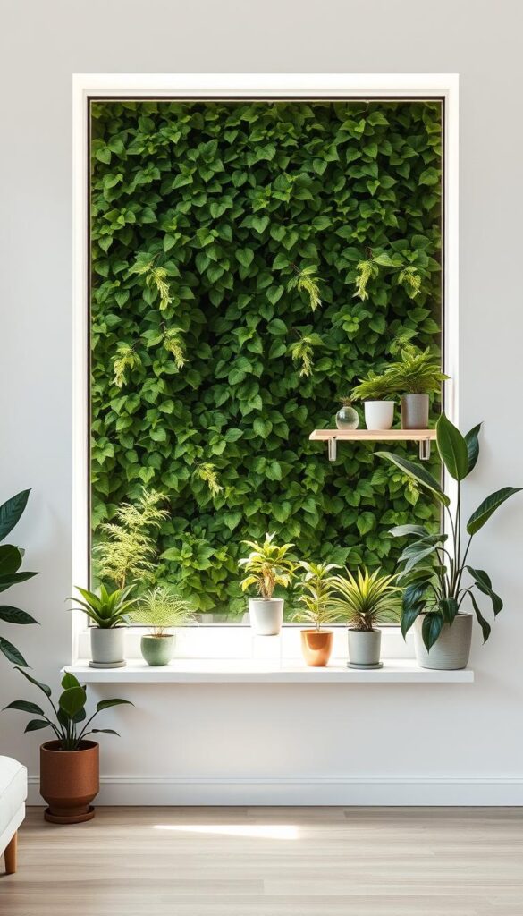 A minimalist, modern living space with a large window overlooking a lush, green foliage-filled wall. Soft, natural lighting streams in, casting a warm glow on the arrangement of potted plants strategically placed on floating shelves and window sills. The plants, varying in size, shape, and texture, create a harmonious, nature-inspired vignette. The clean lines of the window frame and the neutral-toned walls provide a simple, elegant backdrop, allowing the vibrant greenery to take center stage. A sense of tranquility and balance permeates the scene, inviting the viewer to embrace the calming presence of indoor plants.