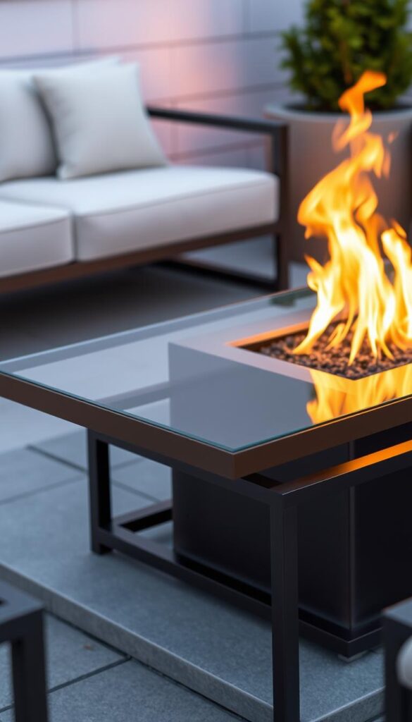 A minimalist, well-crafted fire pit table lid in a contemporary outdoor setting. Sleek tempered glass top seamlessly integrated with a sturdy metal frame, finished in a warm bronze hue. The lid rests elegantly on the fire pit, creating a smooth, level surface that can be used as a coffee table or cocktail perch. Soft, ambient lighting emanates from the fire pit, casting a cozy glow across the scene. The overall composition evokes a sense of refined sophistication, inviting guests to linger and enjoy the serene, alfresco ambiance. A minimalist, well-crafted fire pit table lid in a contemporary outdoor setting. Sleek tempered glass top seamlessly integrated with a sturdy metal frame, finished in a warm bronze hue. The lid rests elegantly on the fire pit, creating a smooth, level surface that can be used as a coffee table or cocktail perch. Soft, ambient lighting emanates from the fire pit, casting a cozy glow across the scene. The overall composition evokes a sense of refined sophistication, inviting guests to linger and enjoy the serene, alfresco ambiance.