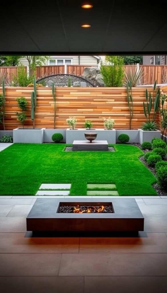 A modern backyard oasis with clean lines, calm neutral tones, and smart functional elements. In the foreground, a sleek minimalist patio with smooth concrete pavers and a contemporary metal fire pit, bathed in warm overhead lighting. The middle ground features a lush green lawn framed by geometric shrub beds and a modern water feature, its gentle sounds echoing through the space. In the background, a wooden privacy fence, punctuated by built-in planters and tall, architectural plants, creates a serene and contemplative atmosphere. The entire scene is imbued with a sense of balance, simplicity, and considered design.