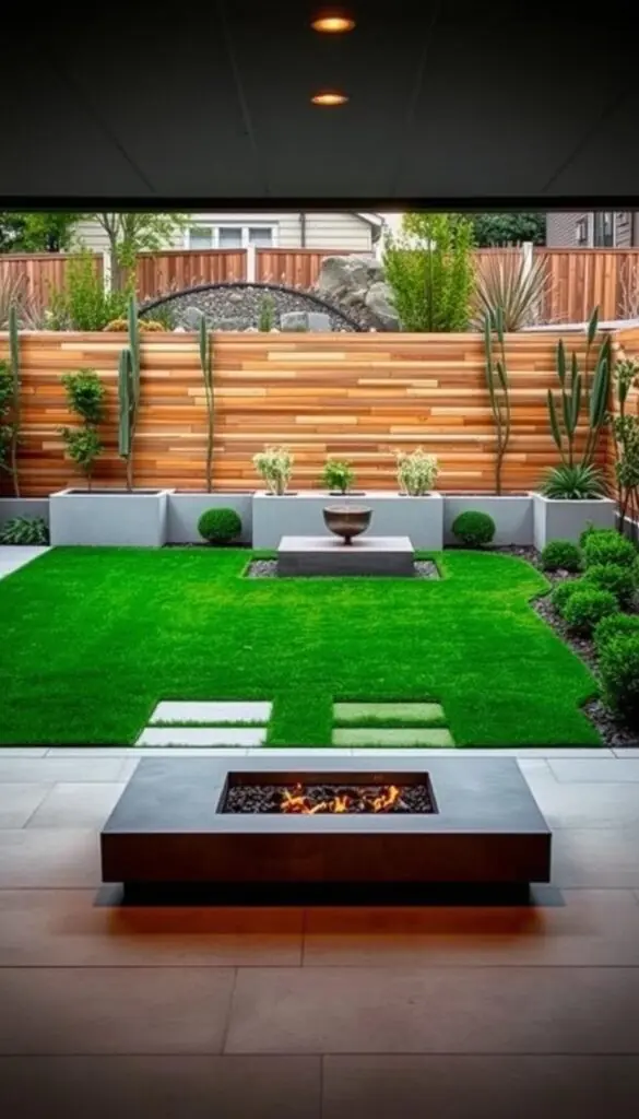 A modern backyard oasis with clean lines, calm neutral tones, and smart functional elements. In the foreground, a sleek minimalist patio with smooth concrete pavers and a contemporary metal fire pit, bathed in warm overhead lighting. The middle ground features a lush green lawn framed by geometric shrub beds and a modern water feature, its gentle sounds echoing through the space. In the background, a wooden privacy fence, punctuated by built-in planters and tall, architectural plants, creates a serene and contemplative atmosphere. The entire scene is imbued with a sense of balance, simplicity, and considered design.