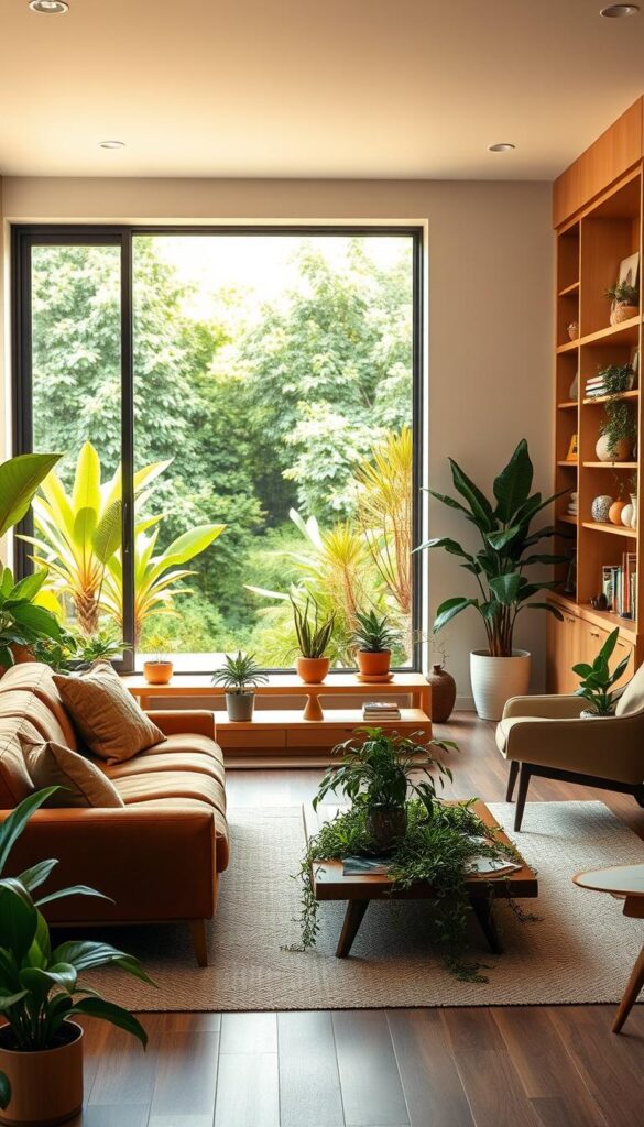 A modern, minimalist living room with mid-century modern furniture and abundant potted plants throughout the space. Warm, ambient lighting casts a soft glow, highlighting the natural textures and colors. In the foreground, a plush, earth-toned sofa anchors the room, flanked by a pair of sleek, angular armchairs. On the far wall, built-in shelves display an assortment of books, ceramics, and small potted succulents. The middle ground features a low, wooden coffee table adorned with a lush, trailing plant cascading over the edges. In the background, a large window frames a picturesque view of a lush, green outdoor garden, blurring the line between interior and exterior.