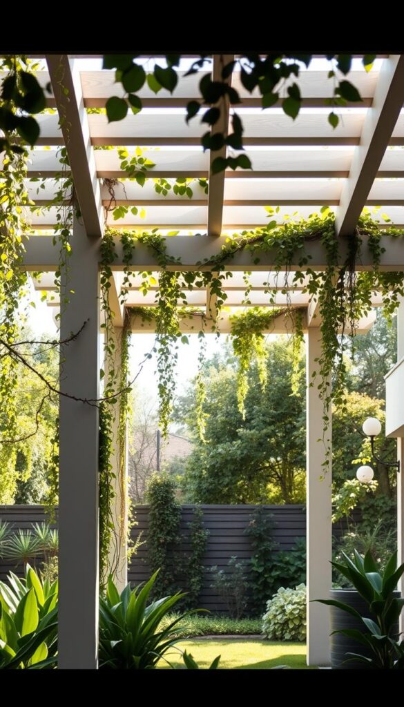 A modern, minimalist pergola stands tall in a lush, verdant backyard. The structure's clean lines and neutral tones create a captivating vertical focal point, accentuated by the soft, dappled sunlight filtering through its beams. Trailing vines and cascading greenery drape gracefully, adding a touch of organic elegance. The pergola's sleek, contemporary design seamlessly blends with the surrounding landscaping, creating a harmonious outdoor living space that invites relaxation and contemplation. A wide-angle lens captures the scene, emphasizing the interplay between the pergola's architectural elements and the natural beauty that surrounds it.