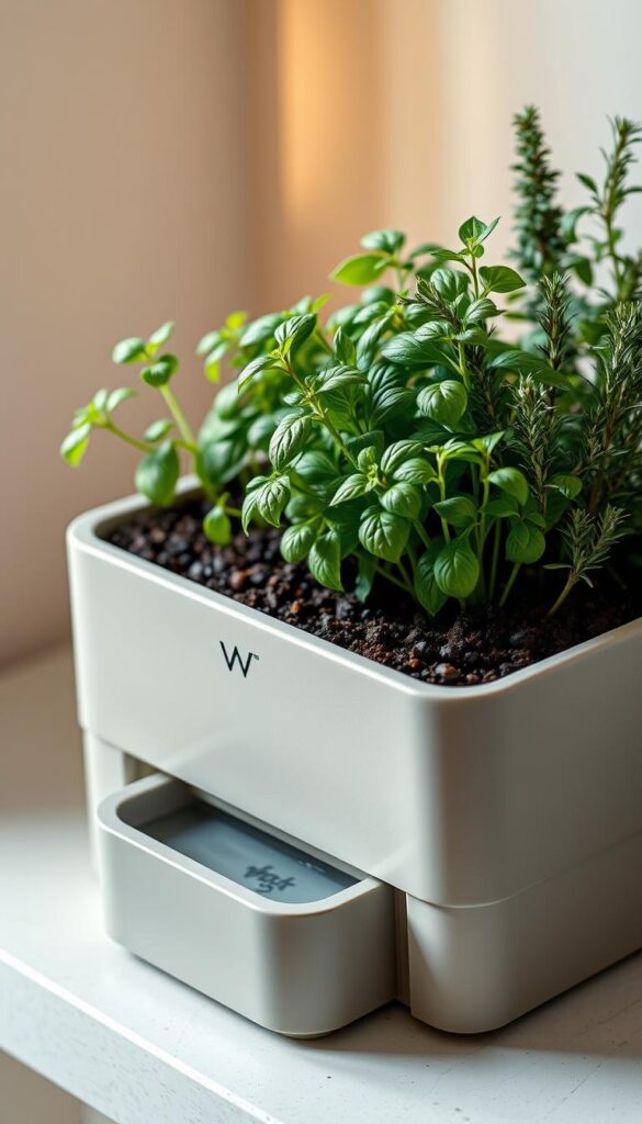 A modern, minimalist self-watering planter for an indoor herb garden. The planter is rectangular with clean lines, made of sleek, matte ceramic in a soft, neutral color. The herbs - lush and vibrant basil, thyme, and rosemary - are thriving in the rich, dark soil, their leaves gently rustling in the warm, diffuse lighting. A discreet water reservoir at the base slowly releases moisture to the roots, ensuring consistent hydration. The overall scene conveys a sense of balance, simplicity, and effortless cultivation, perfectly suited for a contemporary kitchen or living space.