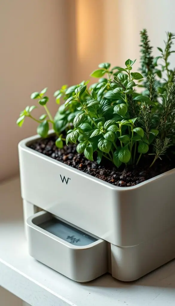 A modern, minimalist self-watering planter for an indoor herb garden. The planter is rectangular with clean lines, made of sleek, matte ceramic in a soft, neutral color. The herbs - lush and vibrant basil, thyme, and rosemary - are thriving in the rich, dark soil, their leaves gently rustling in the warm, diffuse lighting. A discreet water reservoir at the base slowly releases moisture to the roots, ensuring consistent hydration. The overall scene conveys a sense of balance, simplicity, and effortless cultivation, perfectly suited for a contemporary kitchen or living space.
