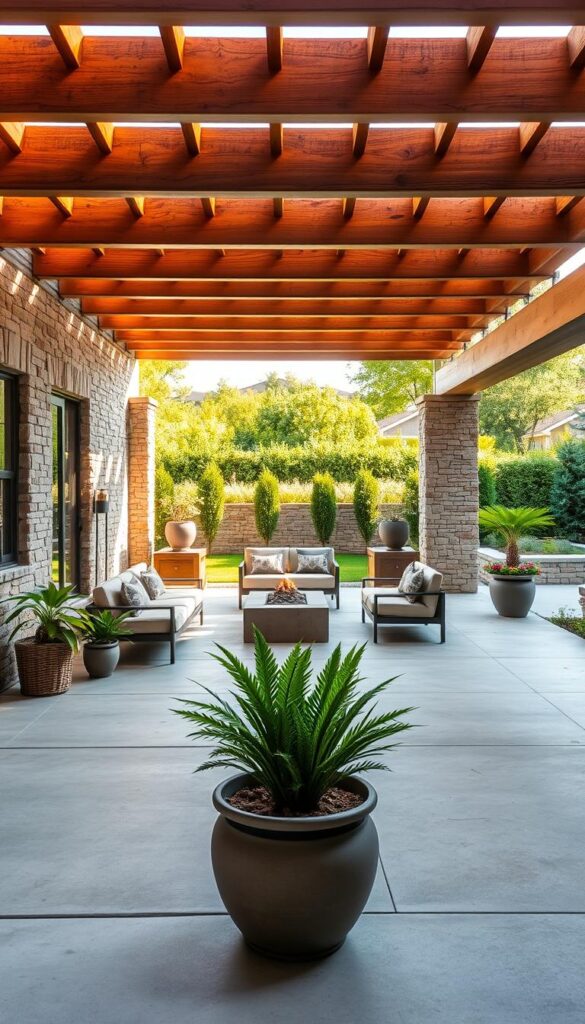 A modern patio with a sleek concrete floor, framed by rustic stone walls and a wooden pergola overhead. Warm sunlight filters through the pergola's beams, casting a cozy glow across the space. In the foreground, a minimalist seating arrangement invites relaxation, while lush potted plants and greenery add pops of color. The middle ground features a central fire pit or water feature, creating a focal point. The background blends seamlessly into a verdant landscape, hinting at the larger backyard beyond. The overall atmosphere strikes a balance between contemporary sophistication and natural, rustic charm.