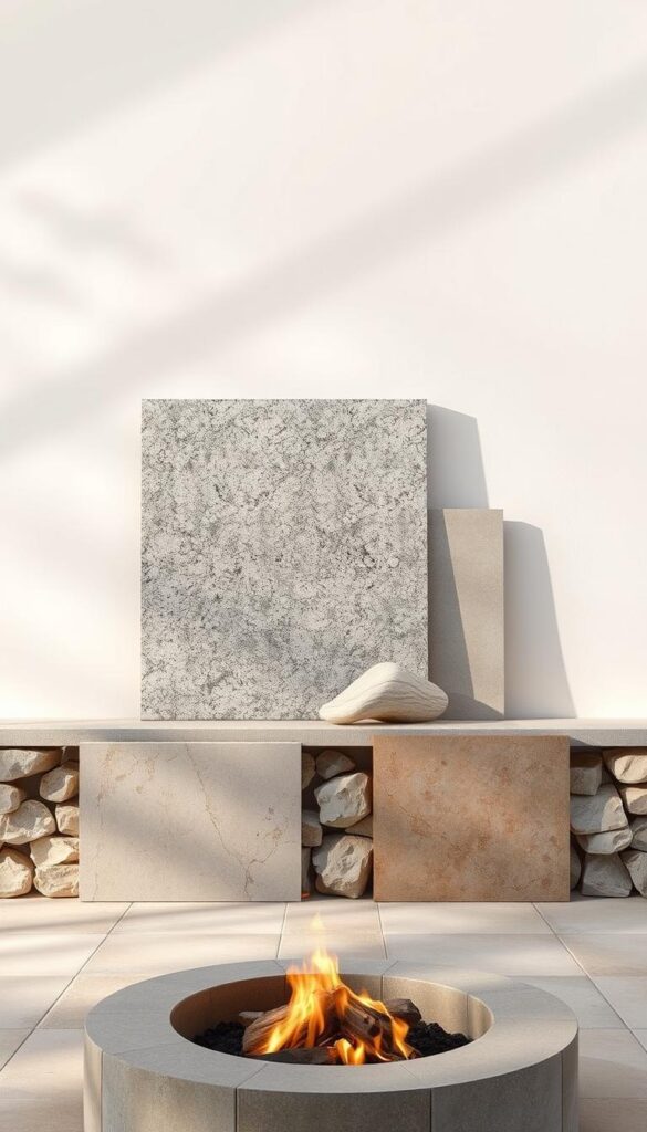 A mood board of natural stone materials, including textured slabs of granite, smooth river rocks, and weathered limestone tiles, arranged in a harmonious, minimalist composition. The materials are presented against a soft, neutral background with subtle shadows and warm, natural lighting, conveying a sense of earthy elegance and tactile sophistication. The image captures the organic beauty and timeless appeal of these durable, natural building materials, inviting the viewer to imagine how they could be incorporated into an outdoor living space around a fire pit.