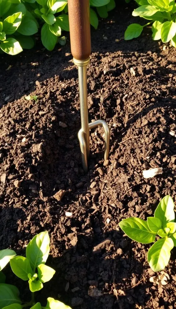 A mound of rich, crumbly compost sits in a sunlit garden bed, its earthy aroma mingling with the fresh scent of turned soil. The compost is a deep, dark brown, flecked with bits of decomposed organic matter - leaves, twigs, and vegetable scraps. A garden fork stands upright in the center, its metal tines glinting in the warm, golden light. The compost is surrounded by lush green foliage, hinting at the healthy plants that will soon take root in this nutrient-dense soil. The scene conveys a sense of balance and abundance, a reminder of the importance of responsible fertilization practices for vibrant, thriving flowers. A mound of rich, crumbly compost sits in a sunlit garden bed, its earthy aroma mingling with the fresh scent of turned soil. The compost is a deep, dark brown, flecked with bits of decomposed organic matter - leaves, twigs, and vegetable scraps. A garden fork stands upright in the center, its metal tines glinting in the warm, golden light. The compost is surrounded by lush green foliage, hinting at the healthy plants that will soon take root in this nutrient-dense soil. The scene conveys a sense of balance and abundance, a reminder of the importance of responsible fertilization practices for vibrant, thriving flowers.