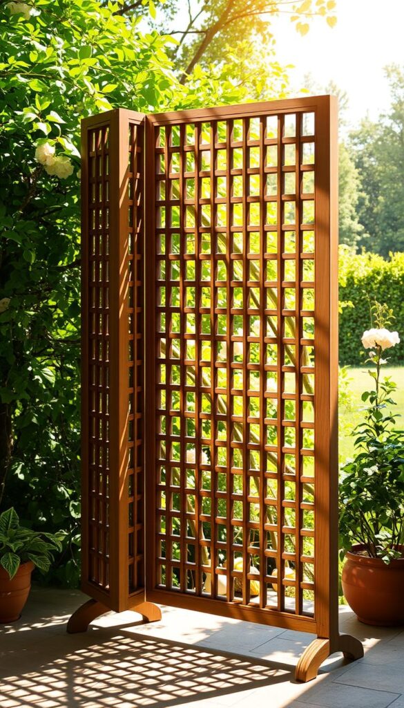 A movable, freestanding privacy screen made of wooden slats or rattan, set against a lush, verdant backdrop. The screen has an intricate, geometric pattern that casts dynamic shadows, creating a sense of depth and visual interest. The screen is positioned in the foreground, with a mid-ground of potted plants and flowering vines, and a background of a serene, sun-dappled garden. The lighting is warm and soft, creating a tranquil, relaxing atmosphere. The scene conveys a sense of flexibility, privacy, and connection with nature.