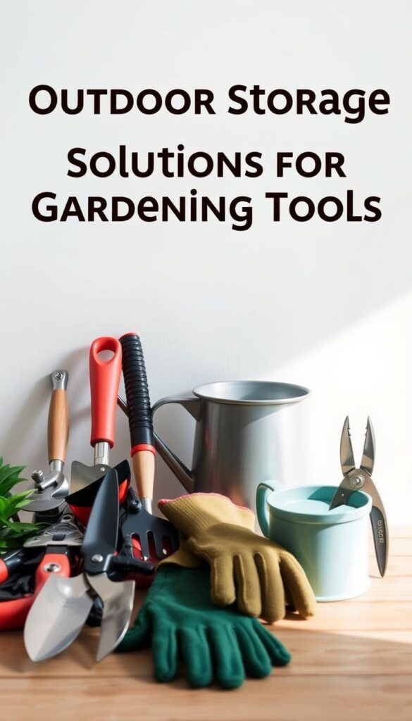 A neatly arranged assortment of high-quality gardening tools against a clean, minimalist backdrop. In the foreground, a range of essential tools like pruning shears, trowel, hand cultivator, and gardening gloves are displayed in a visually pleasing manner. The middle ground showcases a small watering can and a pair of secateurs resting on a wooden surface, bathed in soft, natural lighting. In the background, a plain white wall or a subtle, calming color palette creates a sense of order and organization, emphasizing the utility and practicality of these gardening essentials. The overall composition conveys a sense of tidiness and efficiency, reflecting the "Outdoor Storage Solutions for Gardening Tools" theme.