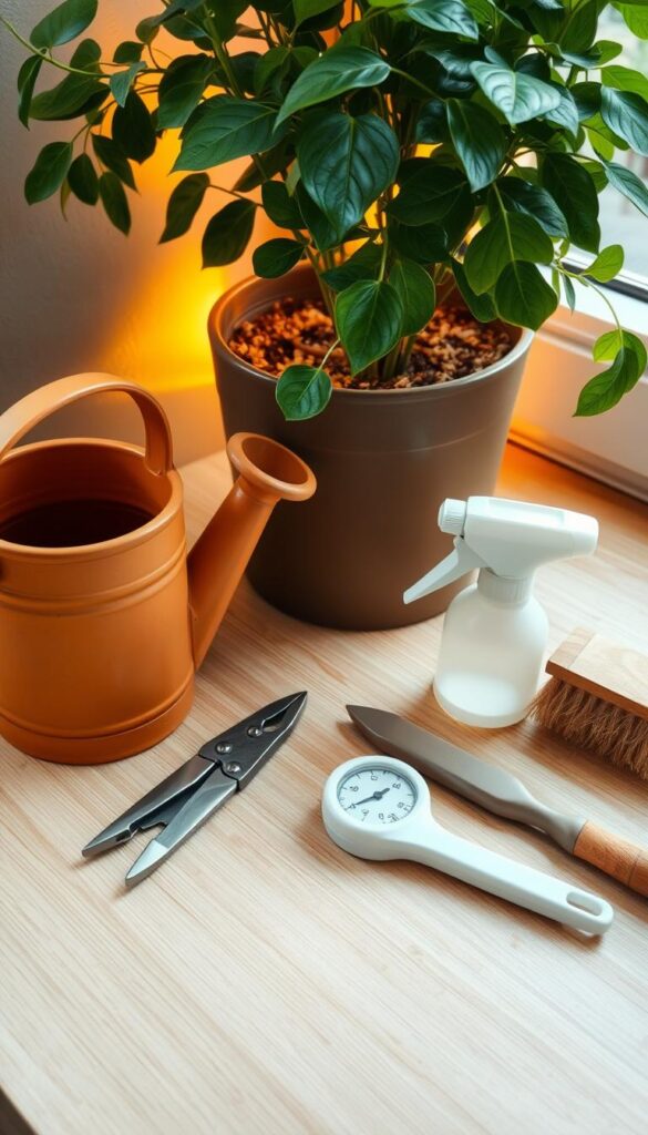 A neatly arranged collection of essential tools for indoor plant care: a terracotta pot, a sleek watering can, a small pair of pruning shears, a soil moisture meter, a spray bottle, and a soft-bristled brush. The items are laid out on a natural wooden surface, with a lush, green potted plant in the background, illuminated by warm, indirect lighting from a nearby window. The overall composition conveys a sense of organization, attention to detail, and a harmonious blend of functional tools and thriving plant life. A neatly arranged collection of essential tools for indoor plant care: a terracotta pot, a sleek watering can, a small pair of pruning shears, a soil moisture meter, a spray bottle, and a soft-bristled brush. The items are laid out on a natural wooden surface, with a lush, green potted plant in the background, illuminated by warm, indirect lighting from a nearby window. The overall composition conveys a sense of organization, attention to detail, and a harmonious blend of functional tools and thriving plant life.
