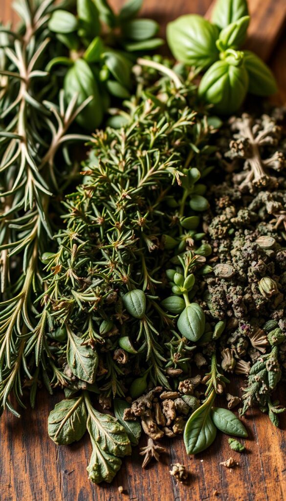 A neatly arranged composition of various dried herbs, including fragrant rosemary, thyme, oregano, and basil. The herbs are displayed on a rustic wooden surface, with warm, directional lighting casting gentle shadows and highlighting the intricate textures of the dried leaves. The overall atmosphere is one of simplicity, culinary authenticity, and the comforting aroma of a well-stocked spice rack. The composition is balanced, with the herbs occupying the foreground and middle ground, allowing the viewer to appreciate the nuances of each type of herb. The background is softly blurred, creating a sense of focus and emphasizing the main subject. A neatly arranged composition of various dried herbs, including fragrant rosemary, thyme, oregano, and basil. The herbs are displayed on a rustic wooden surface, with warm, directional lighting casting gentle shadows and highlighting the intricate textures of the dried leaves. The overall atmosphere is one of simplicity, culinary authenticity, and the comforting aroma of a well-stocked spice rack. The composition is balanced, with the herbs occupying the foreground and middle ground, allowing the viewer to appreciate the nuances of each type of herb. The background is softly blurred, creating a sense of focus and emphasizing the main subject.