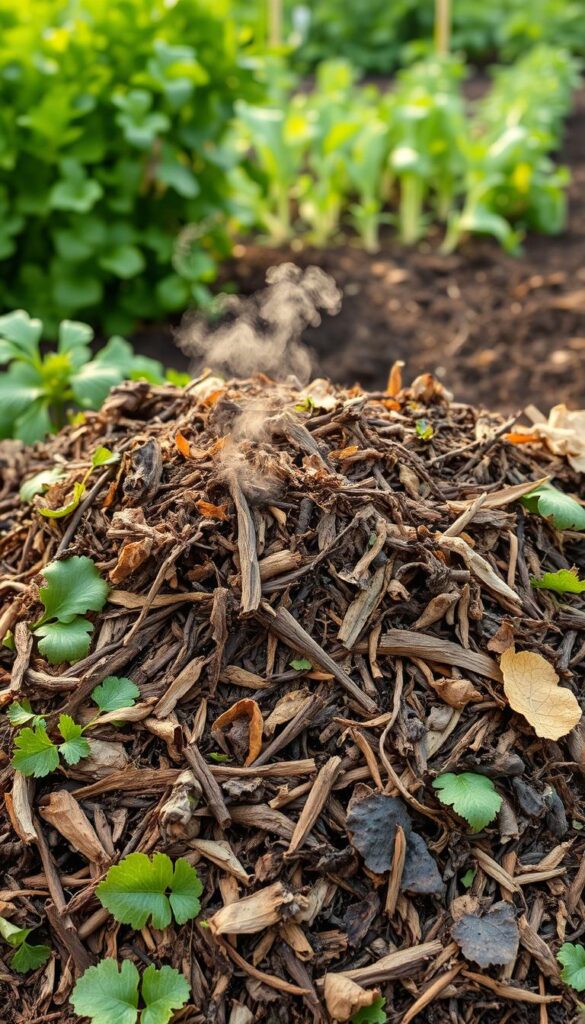 A neatly arranged compost pile, with layers of decaying organic matter, lush green foliage, and rich, earthy tones. The foreground showcases a diverse mixture of kitchen scraps, yard trimmings, and shredded leaves, all in various stages of decomposition. The middle ground features a well-aerated pile, with pockets of steam rising, indicating active microbial activity. In the background, a thriving vegetable garden stands as a testament to the transformative power of nutrient-dense compost. The scene is bathed in soft, warm lighting, evoking a sense of abundance and the natural cycle of life. The image conveys the importance of nurturing soil health and the role of compost in supporting a vibrant, productive garden.