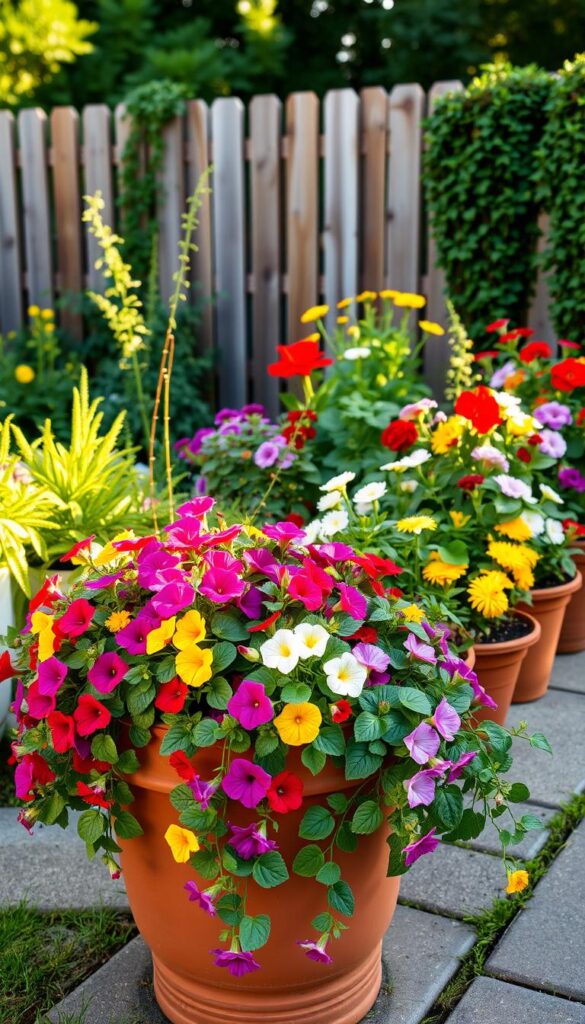 A neatly arranged container garden, featuring a vibrant mix of flowering plants in a warm, afternoon sunlight. In the foreground, a terracotta planter overflows with cascading petunias, geraniums, and trailing vines. The middle ground showcases a variety of potted annuals, their colors ranging from bold reds and yellows to soft pastels. In the background, a wooden fence and lush greenery provide a natural backdrop, creating a sense of depth and tranquility. The scene is captured with a shallow depth of field, drawing the viewer's eye to the carefully curated container plantings. The overall mood is one of effortless beauty and the joys of small-space gardening. A neatly arranged container garden, featuring a vibrant mix of flowering plants in a warm, afternoon sunlight. In the foreground, a terracotta planter overflows with cascading petunias, geraniums, and trailing vines. The middle ground showcases a variety of potted annuals, their colors ranging from bold reds and yellows to soft pastels. In the background, a wooden fence and lush greenery provide a natural backdrop, creating a sense of depth and tranquility. The scene is captured with a shallow depth of field, drawing the viewer's eye to the carefully curated container plantings. The overall mood is one of effortless beauty and the joys of small-space gardening.