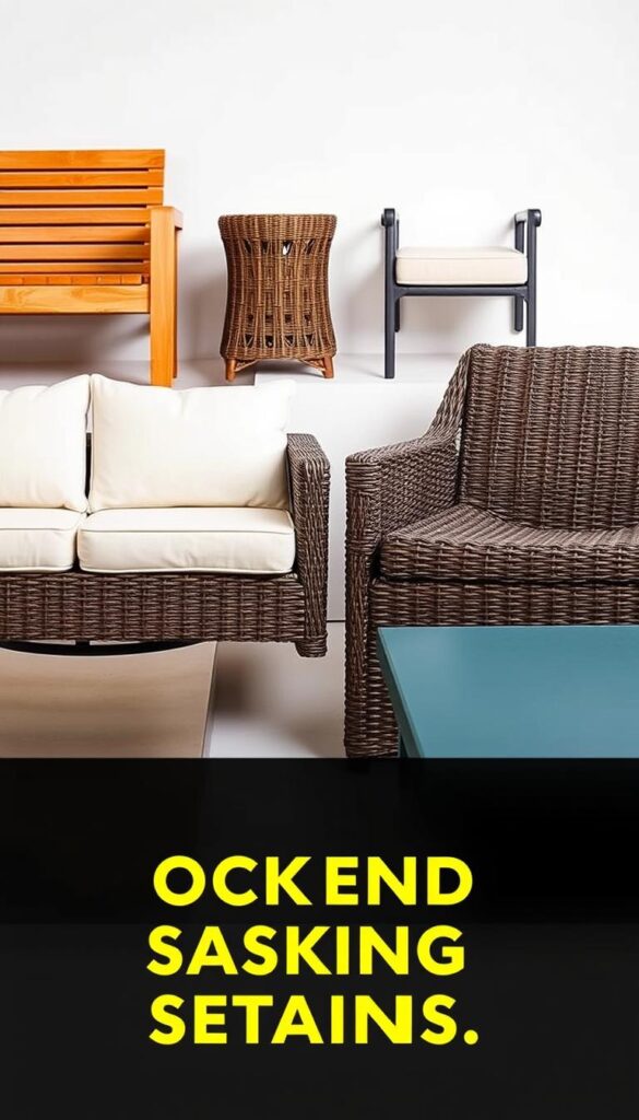 A neatly arranged display of four distinct outdoor furniture materials: teak, aluminum, resin wicker, and powder-coated steel. The items are captured in a studio setting with soft, even lighting, creating clean, detailed views from multiple angles. The materials are showcased individually, allowing their unique textures, finishes, and design characteristics to shine. The overall scene conveys a sense of quality, durability, and sophistication, reflecting the high-end backyard seating options discussed in the article. A neatly arranged display of four distinct outdoor furniture materials: teak, aluminum, resin wicker, and powder-coated steel. The items are captured in a studio setting with soft, even lighting, creating clean, detailed views from multiple angles. The materials are showcased individually, allowing their unique textures, finishes, and design characteristics to shine. The overall scene conveys a sense of quality, durability, and sophistication, reflecting the high-end backyard seating options discussed in the article.