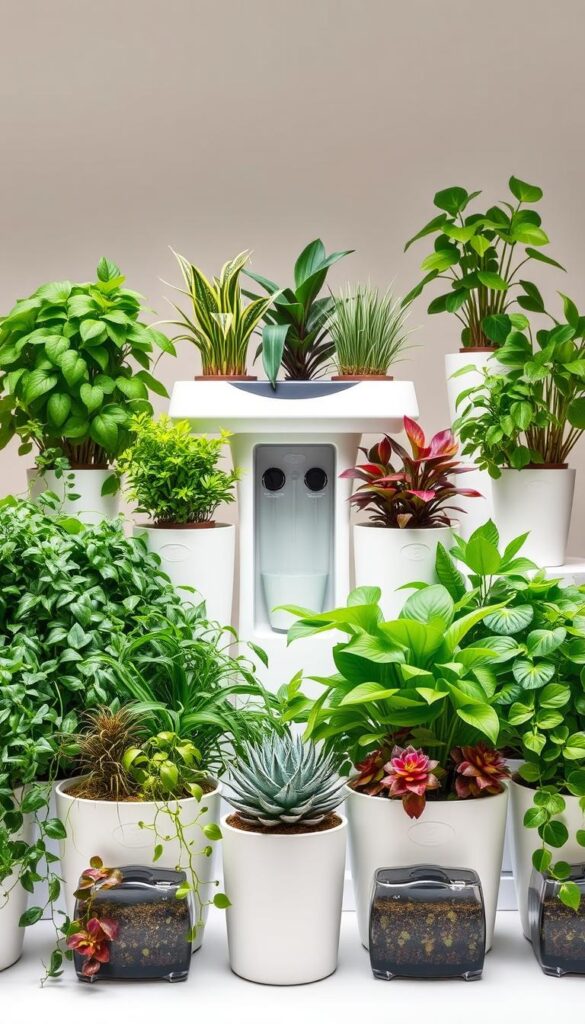 A neatly arranged display of various houseplants thriving in self-watering planters. The foreground features a diverse collection of lush, vibrant foliage plants - from trailing vines to upright succulents - each meticulously matched to its complementary planter. The middle ground showcases the self-watering system, with transparent reservoirs allowing the viewer to observe the innovative water management technology. The background is a serene, minimalist setting, with soft, diffused lighting highlighting the plants' natural textures and colors. Capture the harmony between the plants and their specialized, low-maintenance containers, conveying the ease and convenience of this self-sustaining indoor gardening solution.
