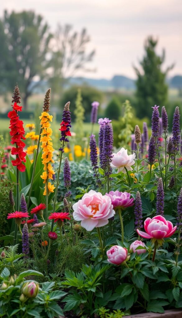 A neatly arranged garden bed with a variety of seasonal plants and herbs, illuminated by soft, natural lighting. In the foreground, vibrant flowers of varying heights and textures, such as towering snapdragons, lush lavender, and delicate peonies, create a visually captivating display. The middle ground features a mix of leafy greens, including tall kale, bushy basil, and trailing vines, adding depth and structure. In the background, a subtle blur of distant trees and a gentle, overcast sky set the tranquil, seasonal mood. The overall composition suggests a carefully curated, harmonious planting recipe that showcases the beauty and diversity of seasonal flora.