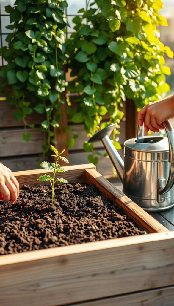 A neatly arranged garden corner showcasing the essentials of planting, watering, and care. In the foreground, fresh soil fills a wooden planter box, with a gardener's hand gently sinking in a young seedling. Beside it, a watering can stands ready, its metal surface catching the warm afternoon sunlight. In the middle ground, a lush, verdant plant cascades over the edge, its leaves glistening with droplets. The background fades into a blurred, serene landscape, hinting at the peaceful sanctuary of a well-tended vertical garden. A neatly arranged garden corner showcasing the essentials of planting, watering, and care. In the foreground, fresh soil fills a wooden planter box, with a gardener's hand gently sinking in a young seedling. Beside it, a watering can stands ready, its metal surface catching the warm afternoon sunlight. In the middle ground, a lush, verdant plant cascades over the edge, its leaves glistening with droplets. The background fades into a blurred, serene landscape, hinting at the peaceful sanctuary of a well-tended vertical garden.
