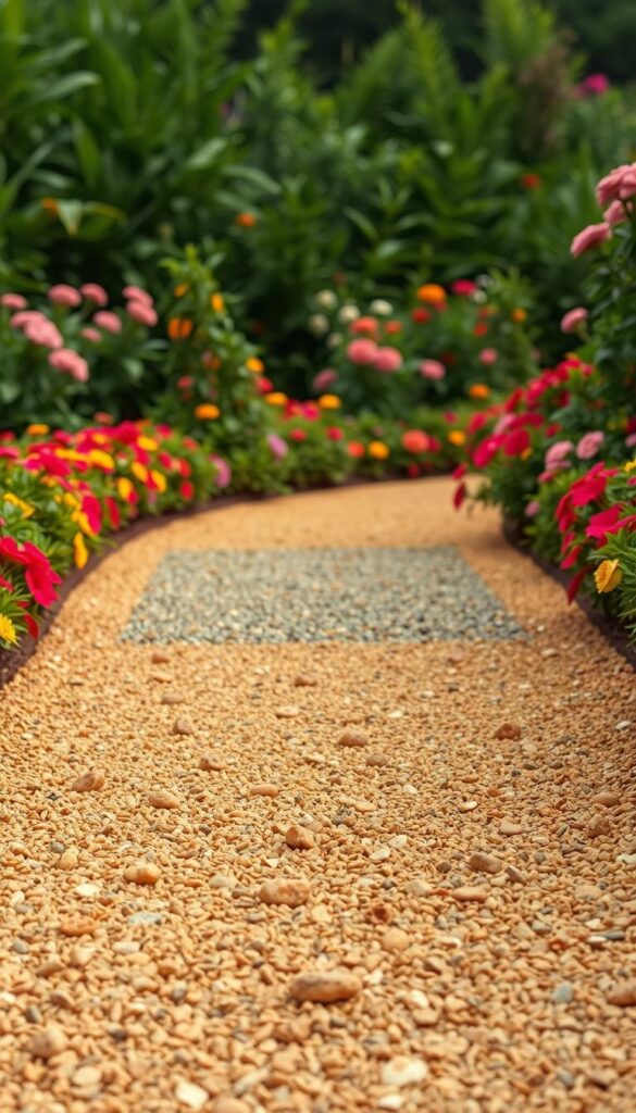 A neatly arranged gravel path winds through a lush, well-maintained garden, flanked by vibrant flowers and verdant foliage. The gravel is a warm, earthy tone, meticulously raked to create a smooth, textured surface that glistens in the soft, diffused lighting. In the foreground, individual pebbles and stones are clearly visible, showcasing the natural beauty and variety of the materials. The middle ground features a wider gravel pad, perhaps leading to a seating area or a focal point in the garden. The background is filled with a harmonious blend of greenery, creating a serene and inviting atmosphere. The overall composition conveys a sense of effortless elegance and a harmonious integration of natural elements.