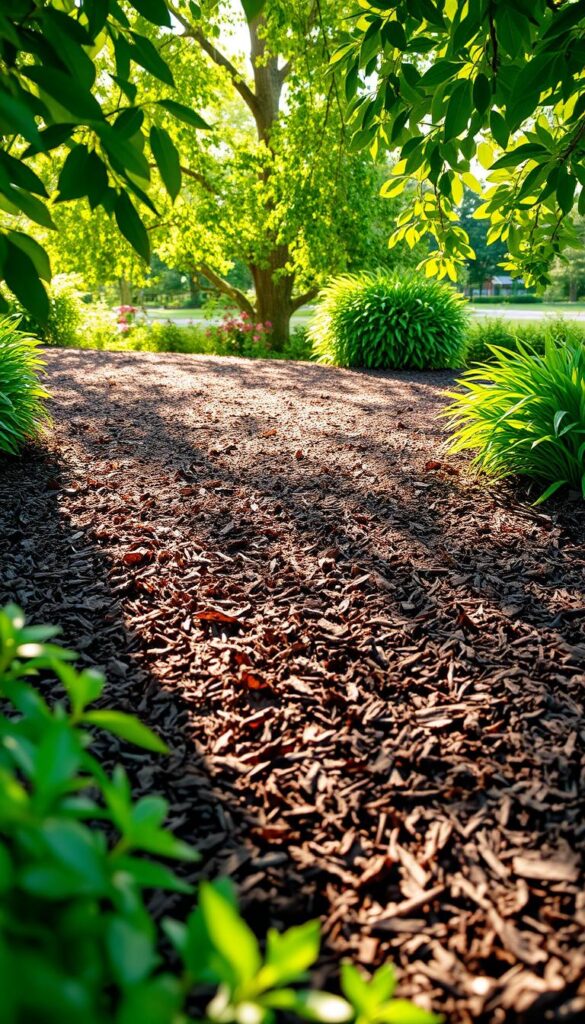 A neatly arranged mulch bed, its rich, dark hues contrasting with the lush, vibrant greenery surrounding it. The mulch is freshly laid, its shredded texture hinting at its absorbent nature. Dappled sunlight filters through the canopy of trees overhead, casting a warm, golden glow on the scene. The bed is framed by verdant foliage, suggesting a lush, well-maintained garden. The composition emphasizes the importance of this essential garden element, highlighting its role in preserving soil moisture and enhancing the visual appeal of the flowerbeds. A neatly arranged mulch bed, its rich, dark hues contrasting with the lush, vibrant greenery surrounding it. The mulch is freshly laid, its shredded texture hinting at its absorbent nature. Dappled sunlight filters through the canopy of trees overhead, casting a warm, golden glow on the scene. The bed is framed by verdant foliage, suggesting a lush, well-maintained garden. The composition emphasizes the importance of this essential garden element, highlighting its role in preserving soil moisture and enhancing the visual appeal of the flowerbeds.