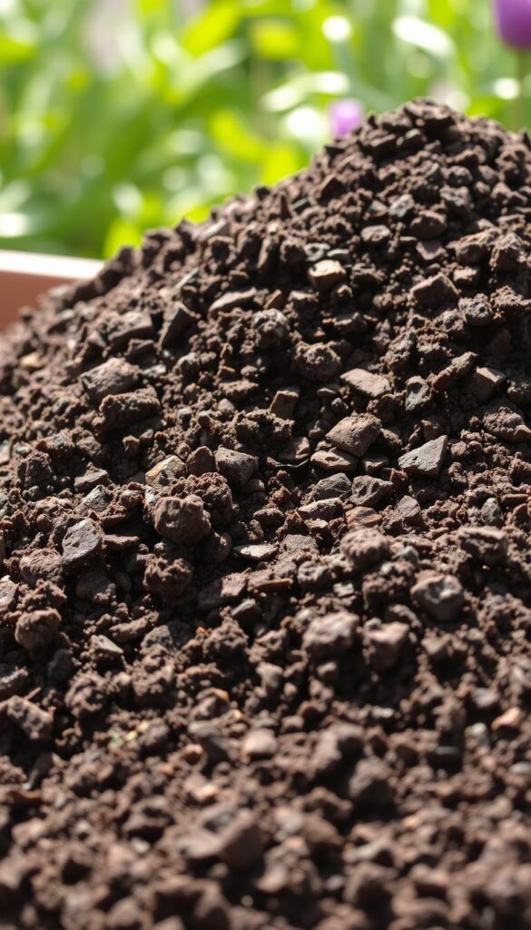 A neatly arranged pile of fresh, nutrient-rich potting mix in a warm, natural light. The mix is composed of a harmonious blend of peat moss, vermiculite, and compost, creating an airy, well-draining texture. The foreground showcases the mix's dark, earthy tones, while the middle ground reveals its loose, crumbly structure. The background hints at a lush, verdant setting, suggesting the mix's role in supporting healthy plant growth. The overall scene conveys a sense of balance and vitality, reflecting the importance of using the right potting mix to ensure optimal drainage and prevent root rot in flower gardens. A neatly arranged pile of fresh, nutrient-rich potting mix in a warm, natural light. The mix is composed of a harmonious blend of peat moss, vermiculite, and compost, creating an airy, well-draining texture. The foreground showcases the mix's dark, earthy tones, while the middle ground reveals its loose, crumbly structure. The background hints at a lush, verdant setting, suggesting the mix's role in supporting healthy plant growth. The overall scene conveys a sense of balance and vitality, reflecting the importance of using the right potting mix to ensure optimal drainage and prevent root rot in flower gardens.