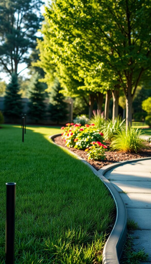 A neatly arranged scene showcasing the sleek and durable EverEdge landscape edging. In the foreground, the steel edging stands tall, its clean lines and matte finish accentuating the lush, manicured lawn. The middle ground features a well-tended garden, with vibrant flowers and greenery framed by the elegant edging. In the background, a row of mature trees casts a warm, natural glow, their shadows creating a sense of depth and dimension. The lighting is soft and diffused, creating a serene, high-quality ambiance. The camera angle is slightly elevated, allowing for a comprehensive view of the harmonious landscape design. A neatly arranged scene showcasing the sleek and durable EverEdge landscape edging. In the foreground, the steel edging stands tall, its clean lines and matte finish accentuating the lush, manicured lawn. The middle ground features a well-tended garden, with vibrant flowers and greenery framed by the elegant edging. In the background, a row of mature trees casts a warm, natural glow, their shadows creating a sense of depth and dimension. The lighting is soft and diffused, creating a serene, high-quality ambiance. The camera angle is slightly elevated, allowing for a comprehensive view of the harmonious landscape design.