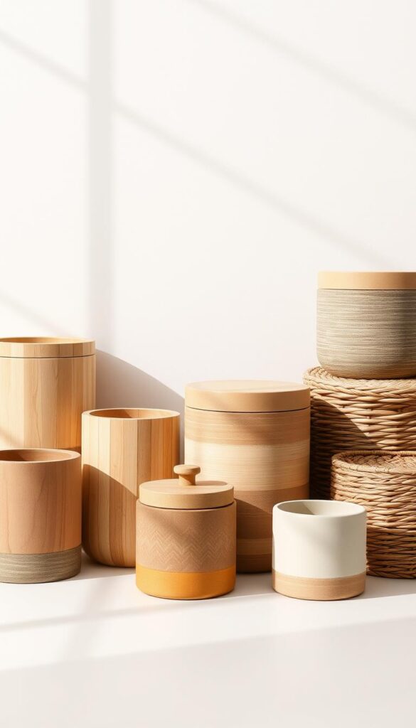 A neatly arranged set of simple, minimalist containers in muted, earthy tones. The containers are made of natural materials like wood, ceramic, and wicker, with clean lines and a rustic yet refined aesthetic. The containers are positioned on a plain, light-colored surface, bathed in soft, natural lighting that casts gentle shadows. The overall mood is one of organization, simplicity, and an appreciation for the beauty of functional, well-designed storage solutions. The containers are the focal point, presented in a way that showcases their practical yet visually appealing nature, suitable for storing and preserving garden produce after the harvest. A neatly arranged set of simple, minimalist containers in muted, earthy tones. The containers are made of natural materials like wood, ceramic, and wicker, with clean lines and a rustic yet refined aesthetic. The containers are positioned on a plain, light-colored surface, bathed in soft, natural lighting that casts gentle shadows. The overall mood is one of organization, simplicity, and an appreciation for the beauty of functional, well-designed storage solutions. The containers are the focal point, presented in a way that showcases their practical yet visually appealing nature, suitable for storing and preserving garden produce after the harvest.