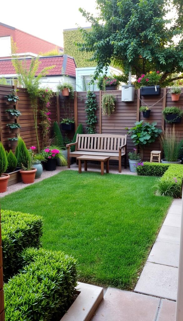 A neatly arranged small yard with a well-designed layout that maximizes the available space. In the foreground, a lush green lawn bordered by neatly trimmed hedges and a few strategically placed potted plants. In the middle ground, a cozy seating area with a wooden bench and a small table, surrounded by vibrant flowers and foliage. In the background, a mix of compact storage solutions, such as a compact shed or vertical gardening units, blending seamlessly with the overall landscape. Warm, natural lighting casts a gentle glow, highlighting the carefully curated elements. The scene conveys a sense of tranquility and efficient use of a limited outdoor area.