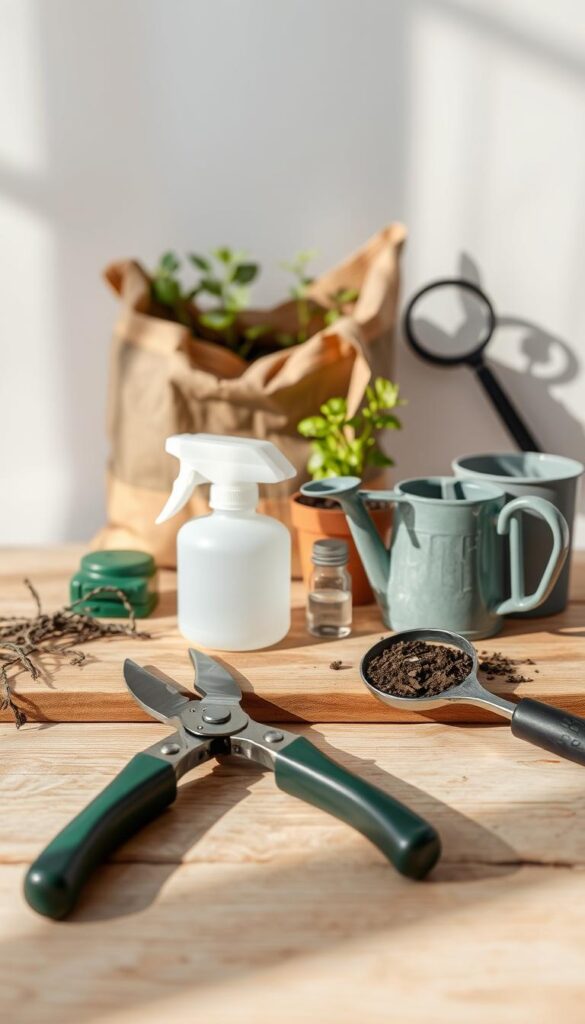 A neatly arranged still life featuring an assortment of gardening tools and accessories for indoor plant care. In the foreground, a pair of pruning shears, a small trowel, and a mister bottle sit atop a wooden surface, casting soft shadows. In the middle ground, a bag of potting soil, a small watering can, and a magnifying glass create a balanced composition. The background is a neutral, slightly blurred studio setting, allowing the tools to be the focal point. The lighting is natural and diffused, evoking a warm, welcoming atmosphere suitable for a home gardening setup.