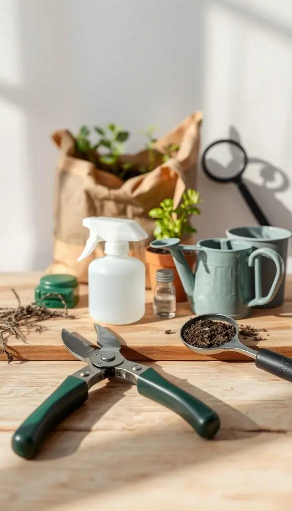 A neatly arranged still life featuring an assortment of gardening tools and accessories for indoor plant care. In the foreground, a pair of pruning shears, a small trowel, and a mister bottle sit atop a wooden surface, casting soft shadows. In the middle ground, a bag of potting soil, a small watering can, and a magnifying glass create a balanced composition. The background is a neutral, slightly blurred studio setting, allowing the tools to be the focal point. The lighting is natural and diffused, evoking a warm, welcoming atmosphere suitable for a home gardening setup.