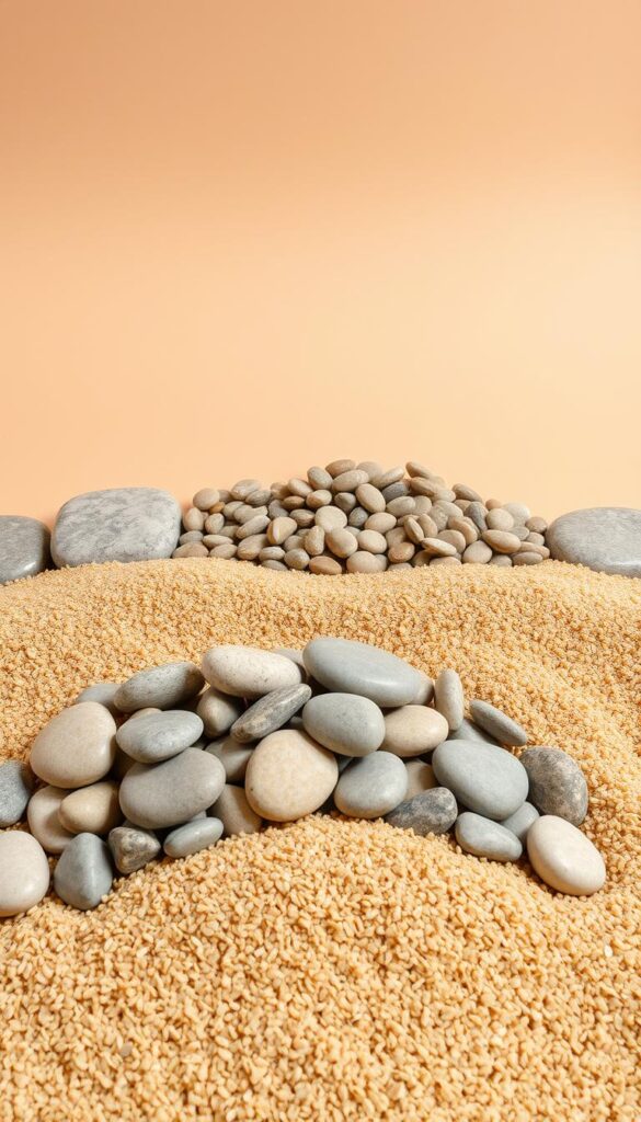 A neatly arranged still life of natural materials for a Japanese-inspired indoor garden. In the foreground, a pile of smooth, rounded river stones in various shades of gray and beige. Scattered among them, coarse grains of light tan sand. In the middle ground, a collection of small pebbles in earthy tones, meticulously placed. The background features a plain, neutral-toned surface, allowing the textures and colors of the materials to take center stage. Warm, diffused lighting casts gentle shadows, highlighting the organic forms and creating a sense of tranquility. The composition is balanced, with a minimalist aesthetic that evokes the zen-like atmosphere of a traditional Japanese rock garden. A neatly arranged still life of natural materials for a Japanese-inspired indoor garden. In the foreground, a pile of smooth, rounded river stones in various shades of gray and beige. Scattered among them, coarse grains of light tan sand. In the middle ground, a collection of small pebbles in earthy tones, meticulously placed. The background features a plain, neutral-toned surface, allowing the textures and colors of the materials to take center stage. Warm, diffused lighting casts gentle shadows, highlighting the organic forms and creating a sense of tranquility. The composition is balanced, with a minimalist aesthetic that evokes the zen-like atmosphere of a traditional Japanese rock garden.