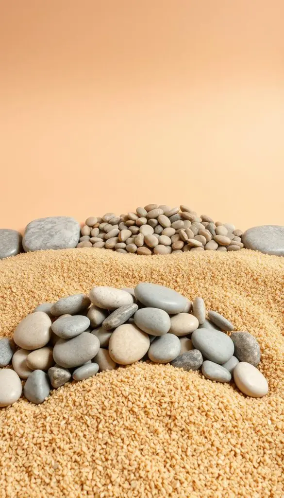 A neatly arranged still life of natural materials for a Japanese-inspired indoor garden. In the foreground, a pile of smooth, rounded river stones in various shades of gray and beige. Scattered among them, coarse grains of light tan sand. In the middle ground, a collection of small pebbles in earthy tones, meticulously placed. The background features a plain, neutral-toned surface, allowing the textures and colors of the materials to take center stage. Warm, diffused lighting casts gentle shadows, highlighting the organic forms and creating a sense of tranquility. The composition is balanced, with a minimalist aesthetic that evokes the zen-like atmosphere of a traditional Japanese rock garden.