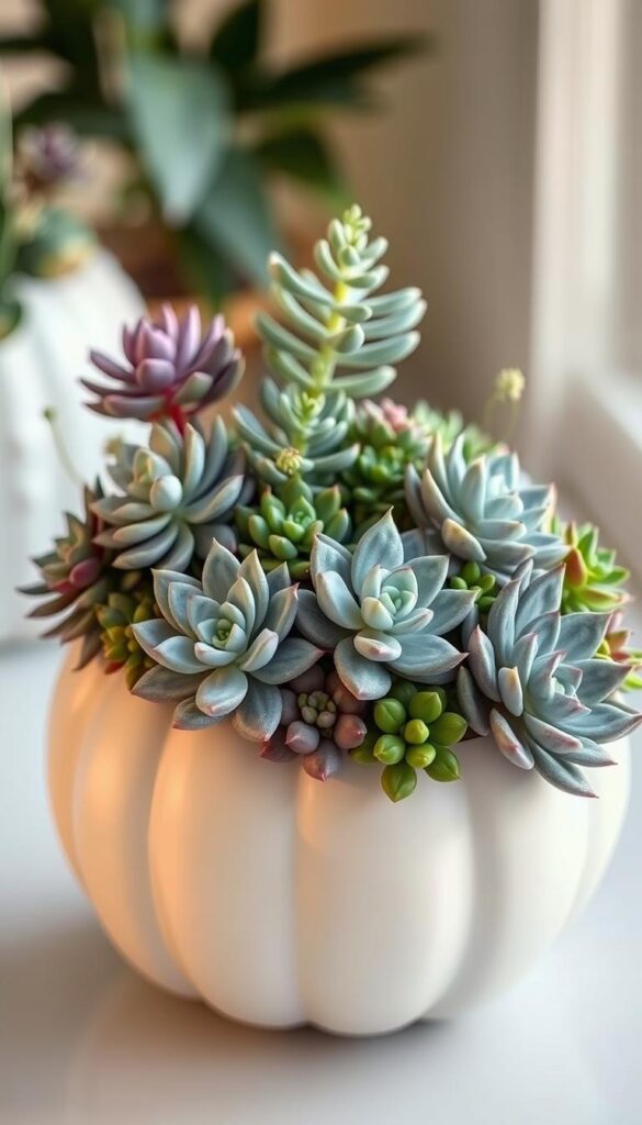 A neatly arranged succulent garden spilling out of an elegant, matte white pumpkin planter. The succulents - vibrant greens, dusty purples, and silvery blues - are carefully positioned to create a balanced, asymmetric composition. Soft, warm lighting casts a gentle glow, highlighting the diverse textures and shapes of the succulents. The pumpkin's smooth, flawless surface contrasts beautifully with the organic, living plants. The scene evokes a sense of modern minimalism and natural harmony, perfect for an autumn-inspired DIY project. A neatly arranged succulent garden spilling out of an elegant, matte white pumpkin planter. The succulents - vibrant greens, dusty purples, and silvery blues - are carefully positioned to create a balanced, asymmetric composition. Soft, warm lighting casts a gentle glow, highlighting the diverse textures and shapes of the succulents. The pumpkin's smooth, flawless surface contrasts beautifully with the organic, living plants. The scene evokes a sense of modern minimalism and natural harmony, perfect for an autumn-inspired DIY project.