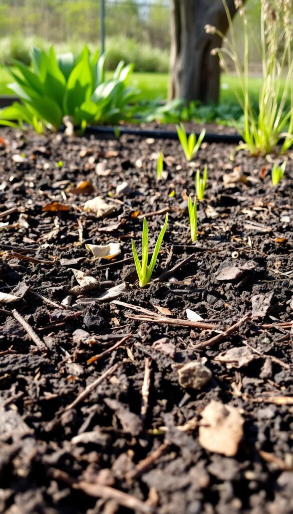 A neatly maintained garden bed with freshly cleared debris, revealing the rich, dark soil. Soft, diffused natural light filters through the scene, casting gentle shadows that highlight the textures of fallen leaves, twigs, and other organic matter. The foreground showcases the clean, tidy surface, while the middle ground features emerging green shoots, delicately peeking through the soil. In the background, well-tended plants and a verdant backdrop create a sense of harmony and rejuvenation, perfectly capturing the essence of spring garden preparation.