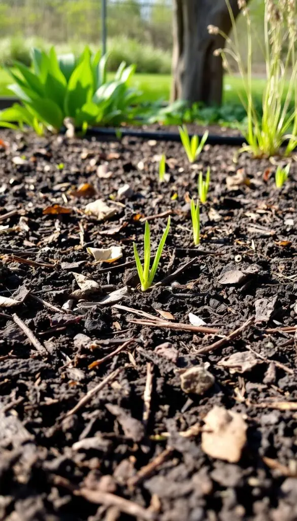 A neatly maintained garden bed with freshly cleared debris, revealing the rich, dark soil. Soft, diffused natural light filters through the scene, casting gentle shadows that highlight the textures of fallen leaves, twigs, and other organic matter. The foreground showcases the clean, tidy surface, while the middle ground features emerging green shoots, delicately peeking through the soil. In the background, well-tended plants and a verdant backdrop create a sense of harmony and rejuvenation, perfectly capturing the essence of spring garden preparation.