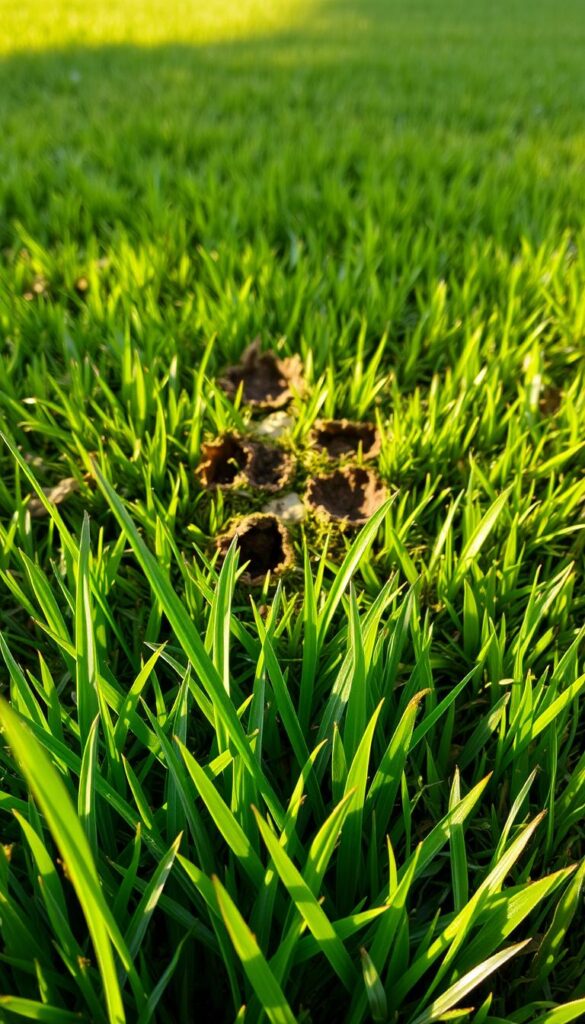 A neatly manicured lawn with lush, emerald green grass. In the foreground, several individual blades of grass are magnified, revealing their intricate textures and subtle discolorations. The middle ground showcases a range of common lawn diseases, from patches of brown, wilted grass to circular fungal growths. The background provides a sense of scale, with the lawn stretching out to the horizon, allowing the viewer to appreciate the nuances of the grass conditions. Warm, natural lighting casts soft shadows, highlighting the details. The overall composition invites the viewer to closely inspect the grass and identify potential problems. A neatly manicured lawn with lush, emerald green grass. In the foreground, several individual blades of grass are magnified, revealing their intricate textures and subtle discolorations. The middle ground showcases a range of common lawn diseases, from patches of brown, wilted grass to circular fungal growths. The background provides a sense of scale, with the lawn stretching out to the horizon, allowing the viewer to appreciate the nuances of the grass conditions. Warm, natural lighting casts soft shadows, highlighting the details. The overall composition invites the viewer to closely inspect the grass and identify potential problems.