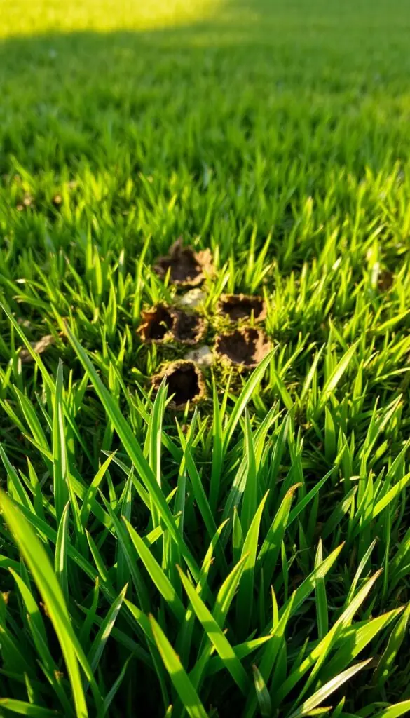 A neatly manicured lawn with lush, emerald green grass. In the foreground, several individual blades of grass are magnified, revealing their intricate textures and subtle discolorations. The middle ground showcases a range of common lawn diseases, from patches of brown, wilted grass to circular fungal growths. The background provides a sense of scale, with the lawn stretching out to the horizon, allowing the viewer to appreciate the nuances of the grass conditions. Warm, natural lighting casts soft shadows, highlighting the details. The overall composition invites the viewer to closely inspect the grass and identify potential problems. A neatly manicured lawn with lush, emerald green grass. In the foreground, several individual blades of grass are magnified, revealing their intricate textures and subtle discolorations. The middle ground showcases a range of common lawn diseases, from patches of brown, wilted grass to circular fungal growths. The background provides a sense of scale, with the lawn stretching out to the horizon, allowing the viewer to appreciate the nuances of the grass conditions. Warm, natural lighting casts soft shadows, highlighting the details. The overall composition invites the viewer to closely inspect the grass and identify potential problems.